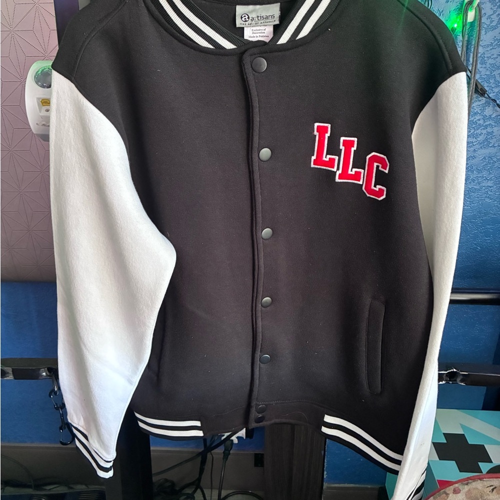 LakeLand Lakers Black & White Varsity Jacket with Red LLC Patch
